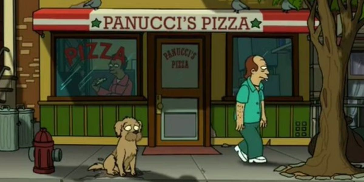 O cachorro de Fry, Seymour, espera por ele em frente à Panucci's Pizza em Futurama