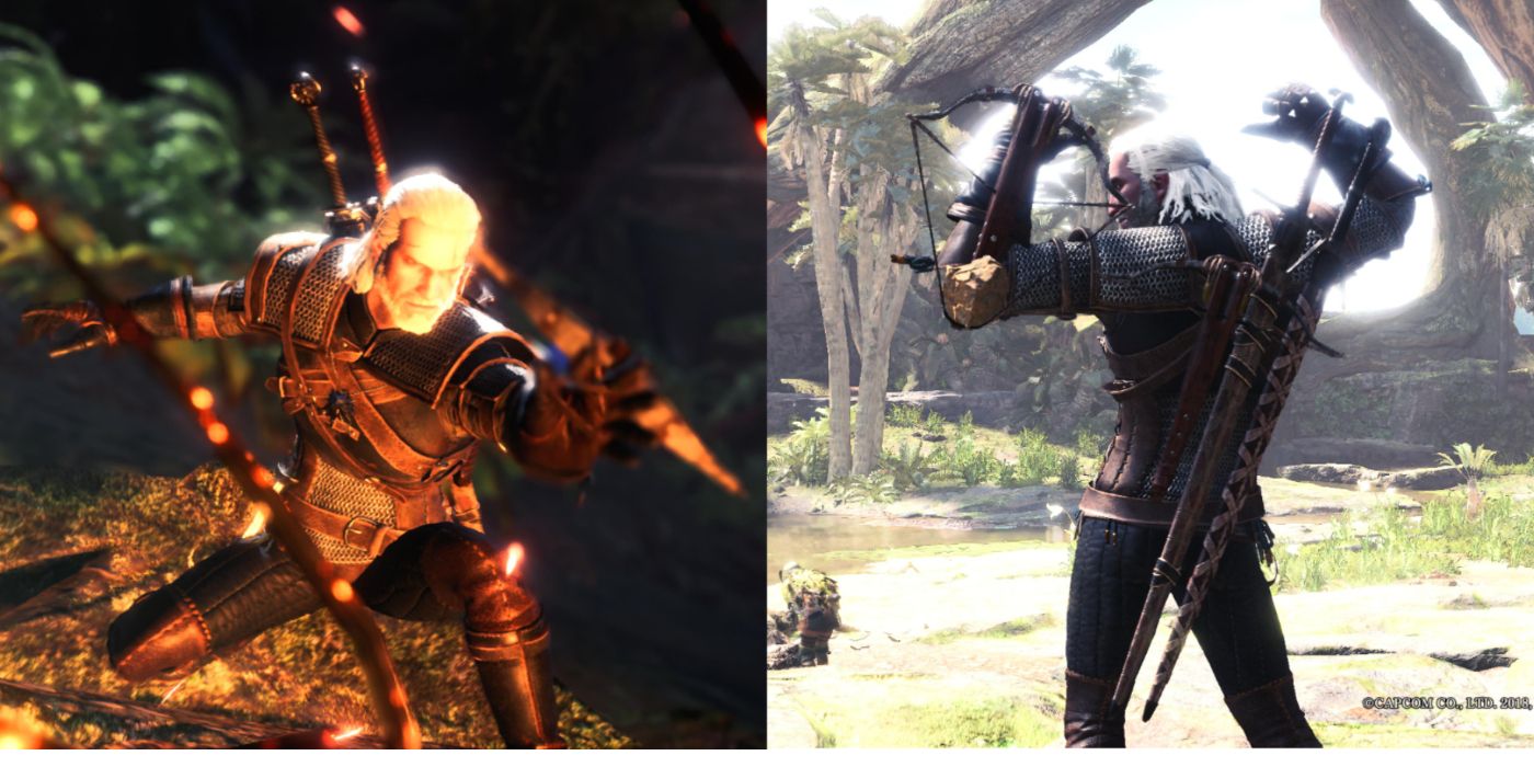 Two screenshots of Geralt of Rivia in Monster Hunter World.  The first shows him crouching blasting fire from his hand and the other is a back side image of him posing with thumps pointing at his swords.