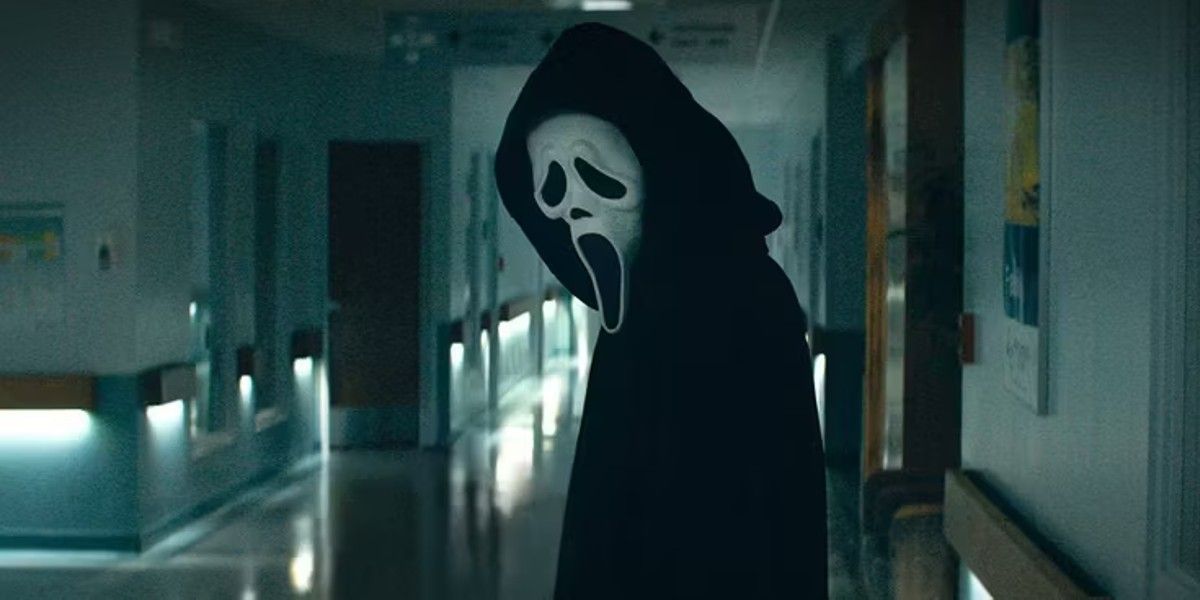 Ghostface in a hospital hallway from 2022's Scream movie 