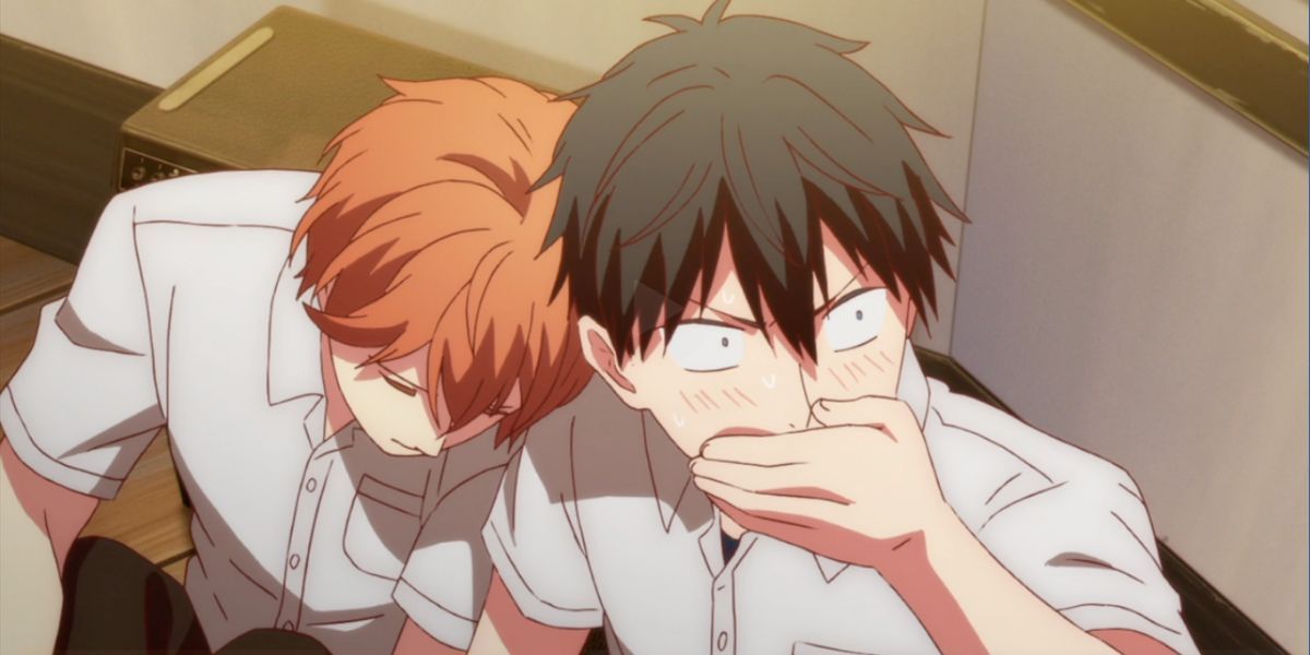 Image features a visual from Given: (From left to right) Mafuyu Sato (short, orange hair and white shirt) is sleeping on Ritsuka Uenoyama (short, black hair and white shirt)'s shoulder