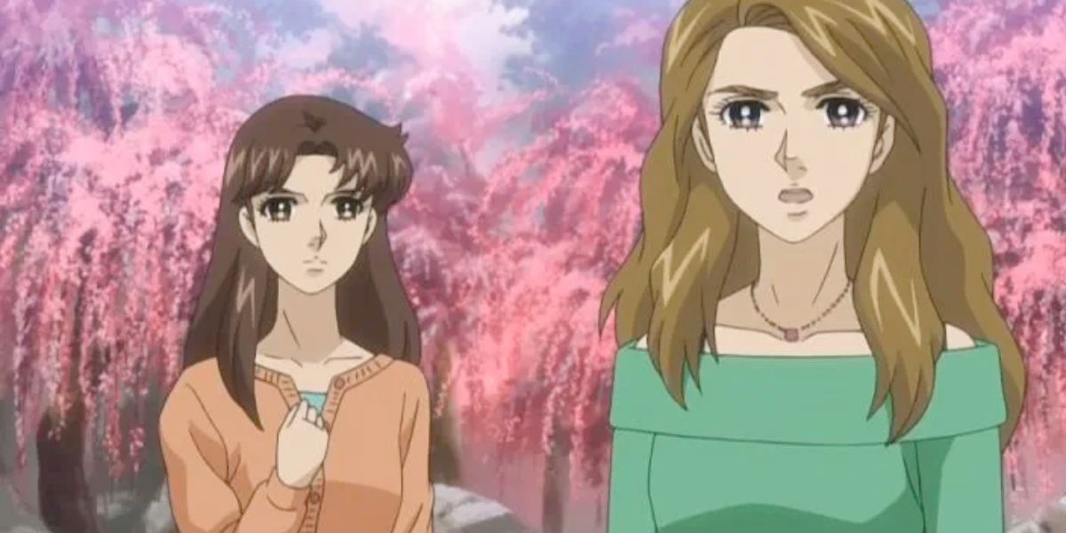 Image features a visual from Glass Mask (2005): Maya Kitajima (long, dark brown hair and peach cardigan) and Ayumi Himekawa (long, dirty-blonde hair and green, off-the-shoulder sweater) in front of a garden of cherry blossoms.