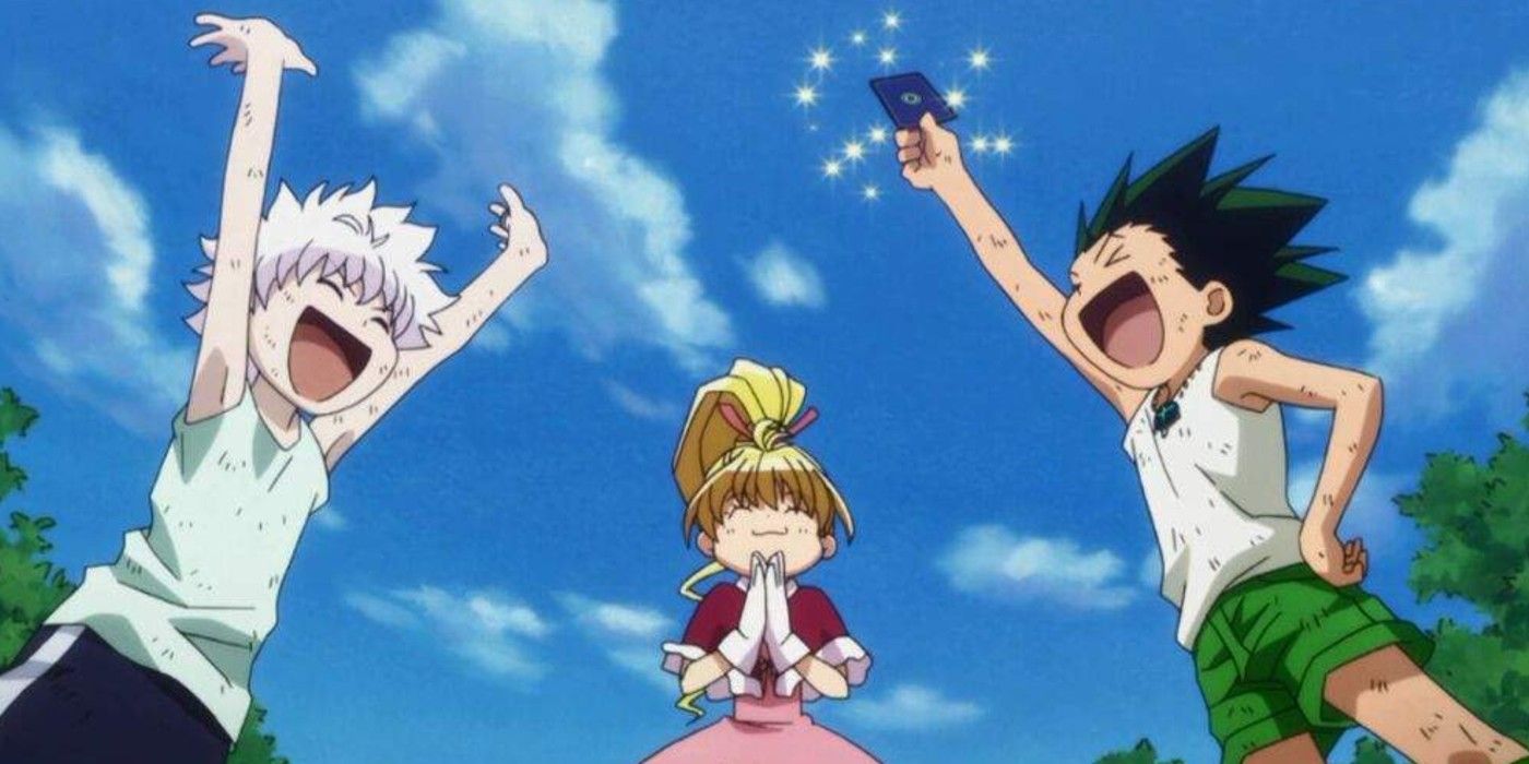 Gon, Killua, and Biscuit celebrating victory in Greed Island in Hunter x Hunter.