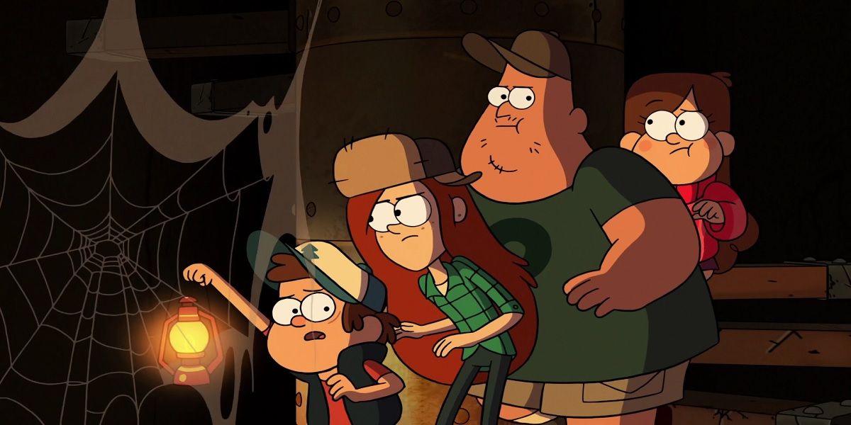 Dipper, Mabel, Soos, and Wendy sneaking around near a cobweb in Gravity Falls.