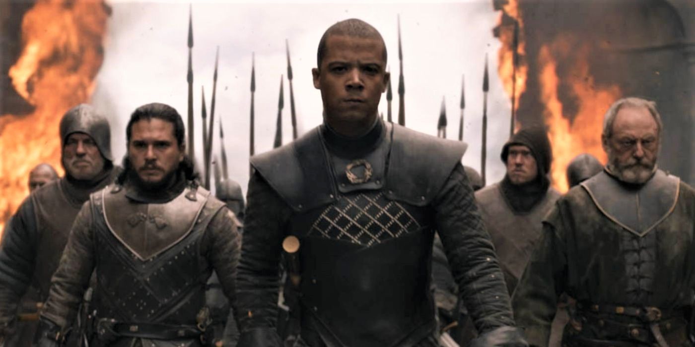Grey Worm leading the assault on King's Landing alongside Jon Snow and Davos Seaworth