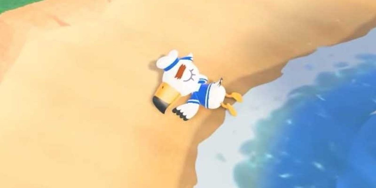 Gulliver from Animal Crossing: New Horizons sleeping on the shore