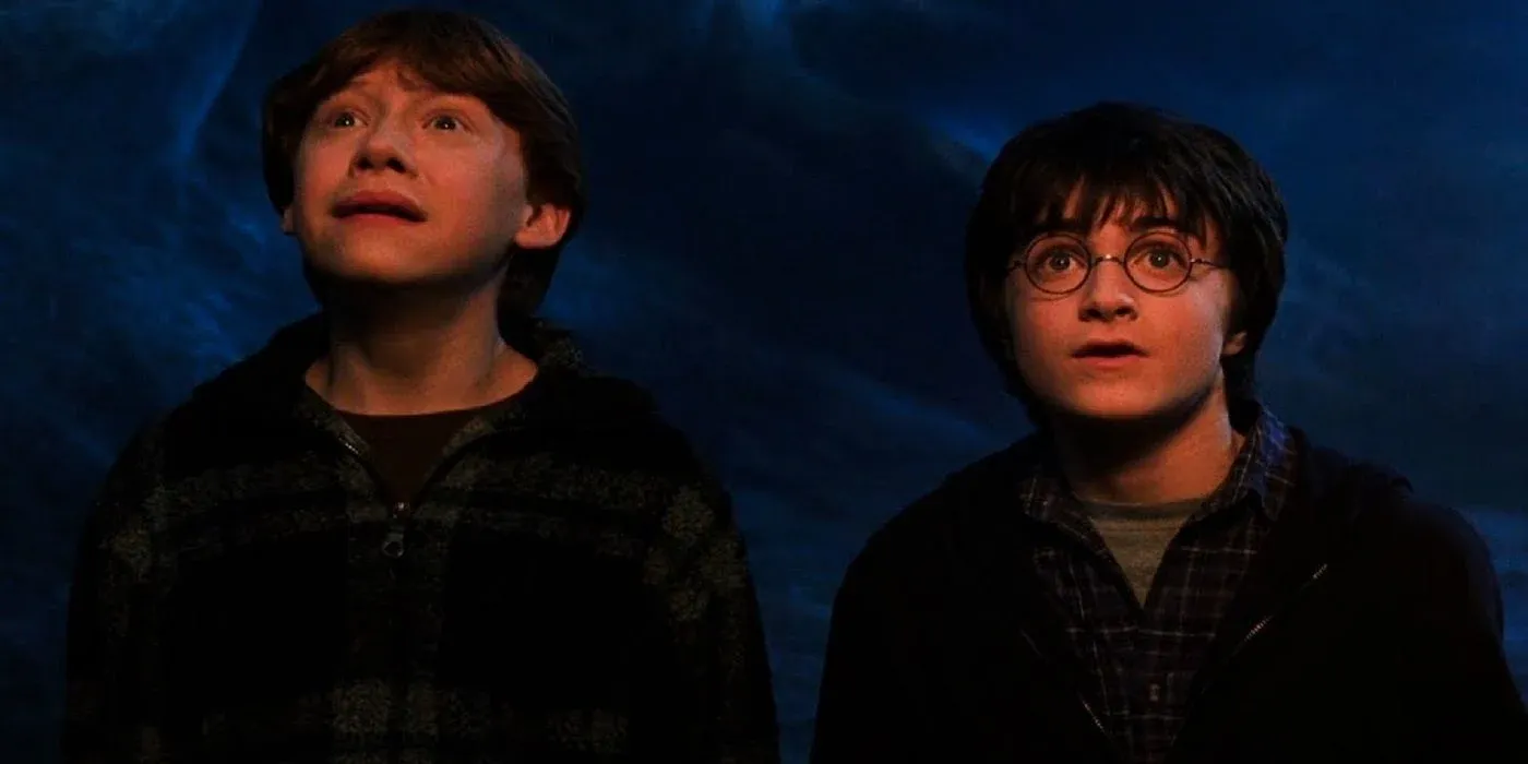 Ron and Harry looking terrified in the Chamber of Secrets