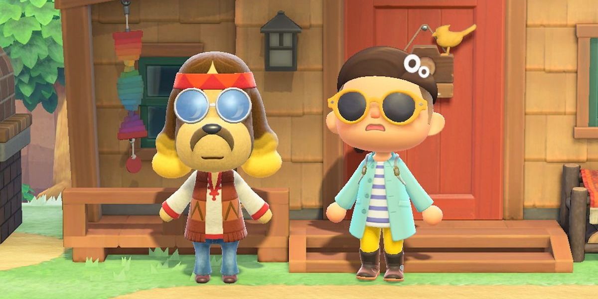 Harvey from Animal Crossing: New Horizons standing in front of his home.