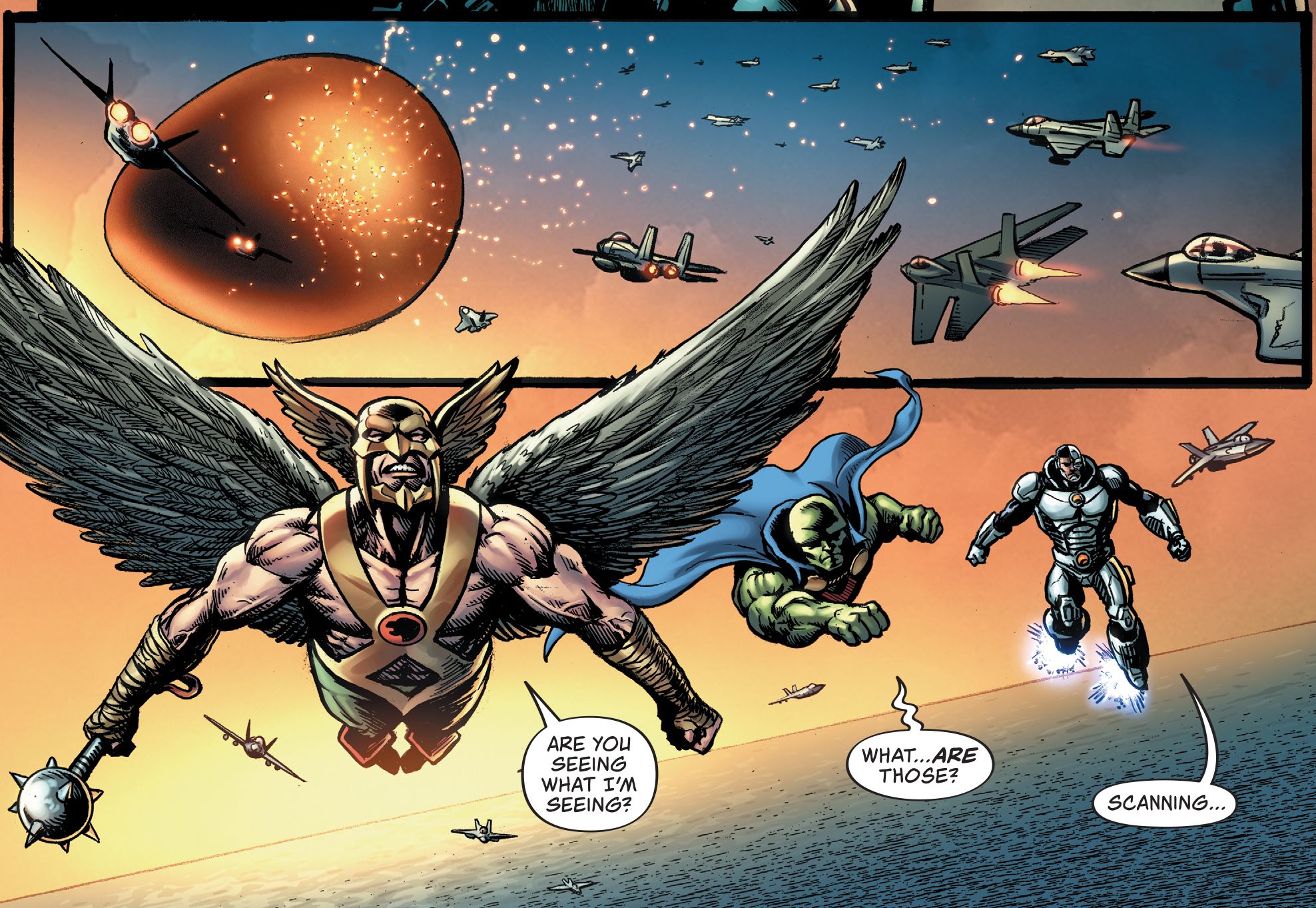 Hawkman and martian manhunter fight aliens