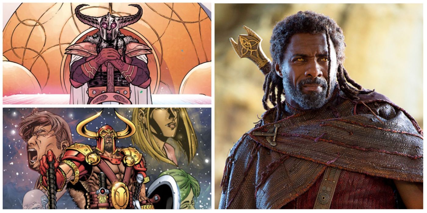 Collage of Heimdall in the MCU and in Marvel Comics