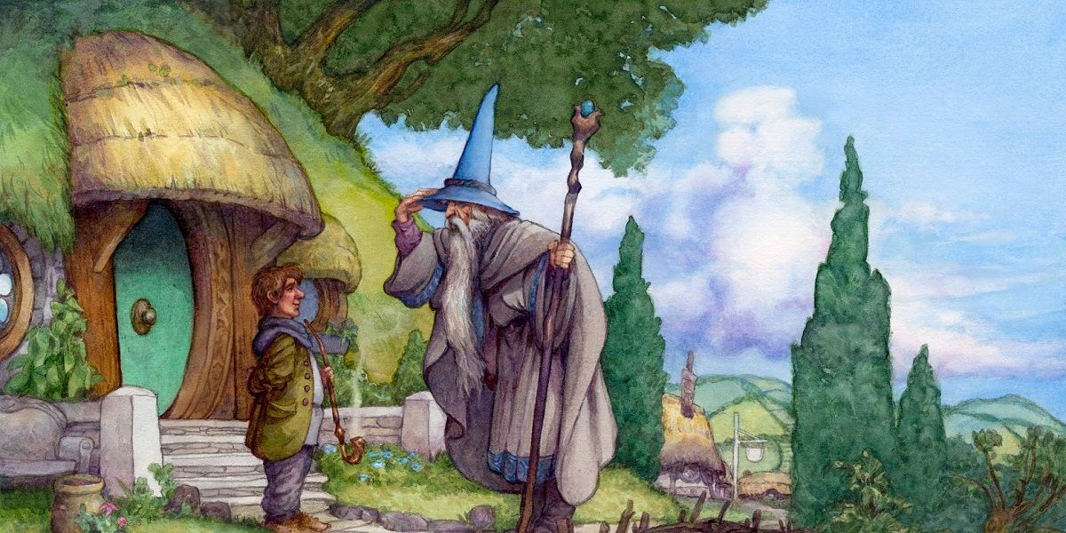 An image of comic art from The Hobbit, featuring Gandalf drawn by David Wenzel