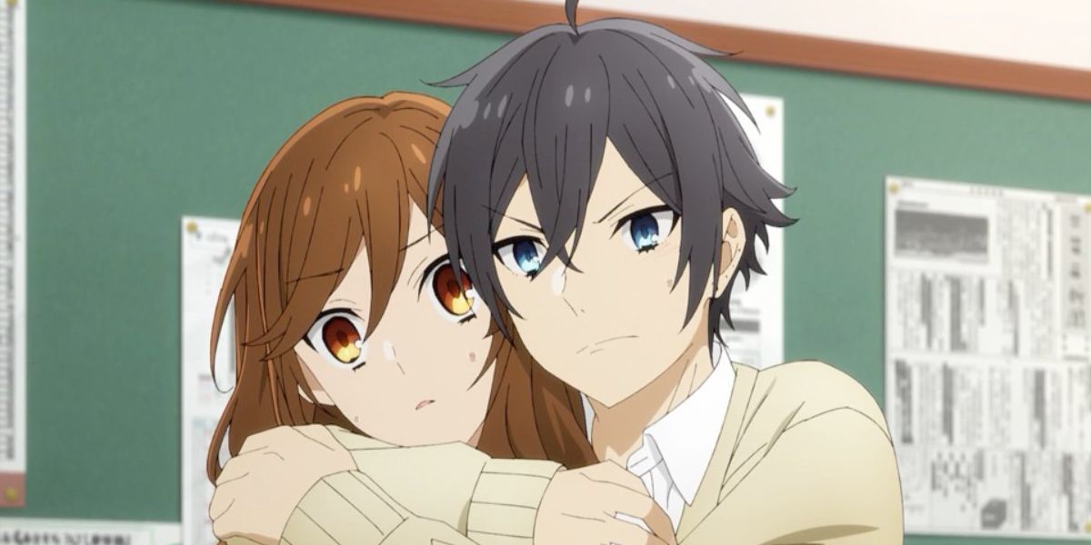 Kyoko Hori is being hugged by Izumi Miyamura in the Horimiya anime series