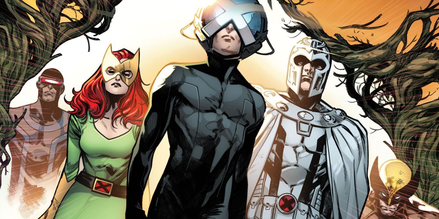 House of X/Powers of X, depicting Professor X, Magneto and Jean Gray walking through a Krakoa Gate.