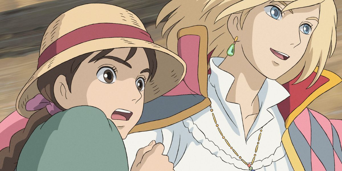 Image features a visual from Howl's Moving Castle: (From left to right) Sophie Hatter (long brown hair in braid, green dress, and hat) is led by Howl Pendragon (shoulder-length, blond hair with emerald-green earrings, pink, gold, blue, and red coat and white dress shirt)