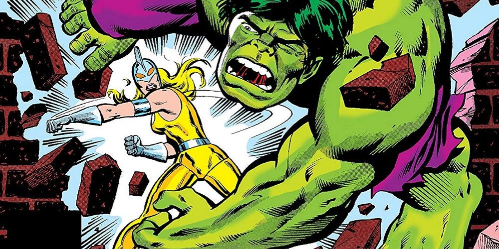 Moonstone punching the Hulk through a brick wall in Marvel Comics