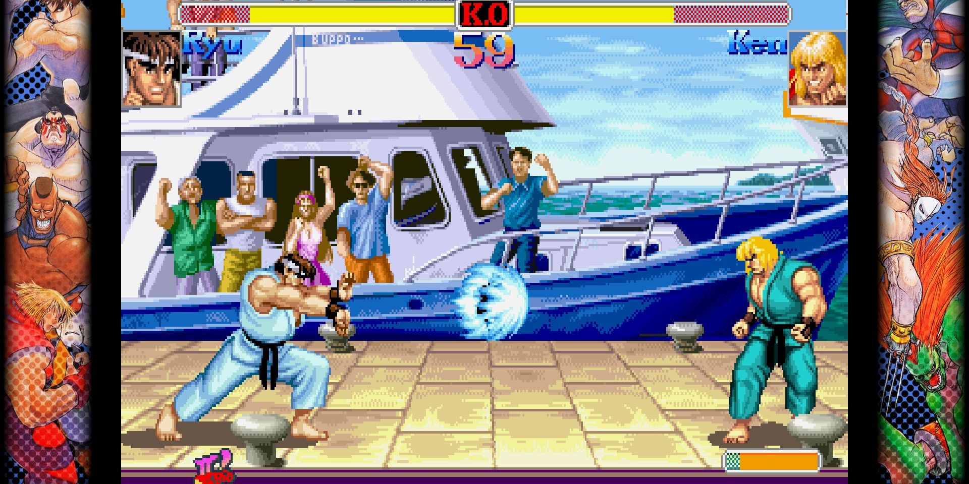 Ryu uses his Kadouken against Ken in Hyper Street Fighter II: The Anniversary Edition