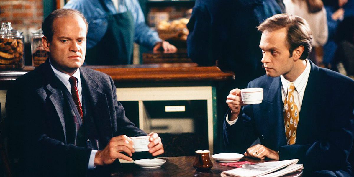 Frasier and Niles drinking coffee at Cafe Nervosa in Frasier