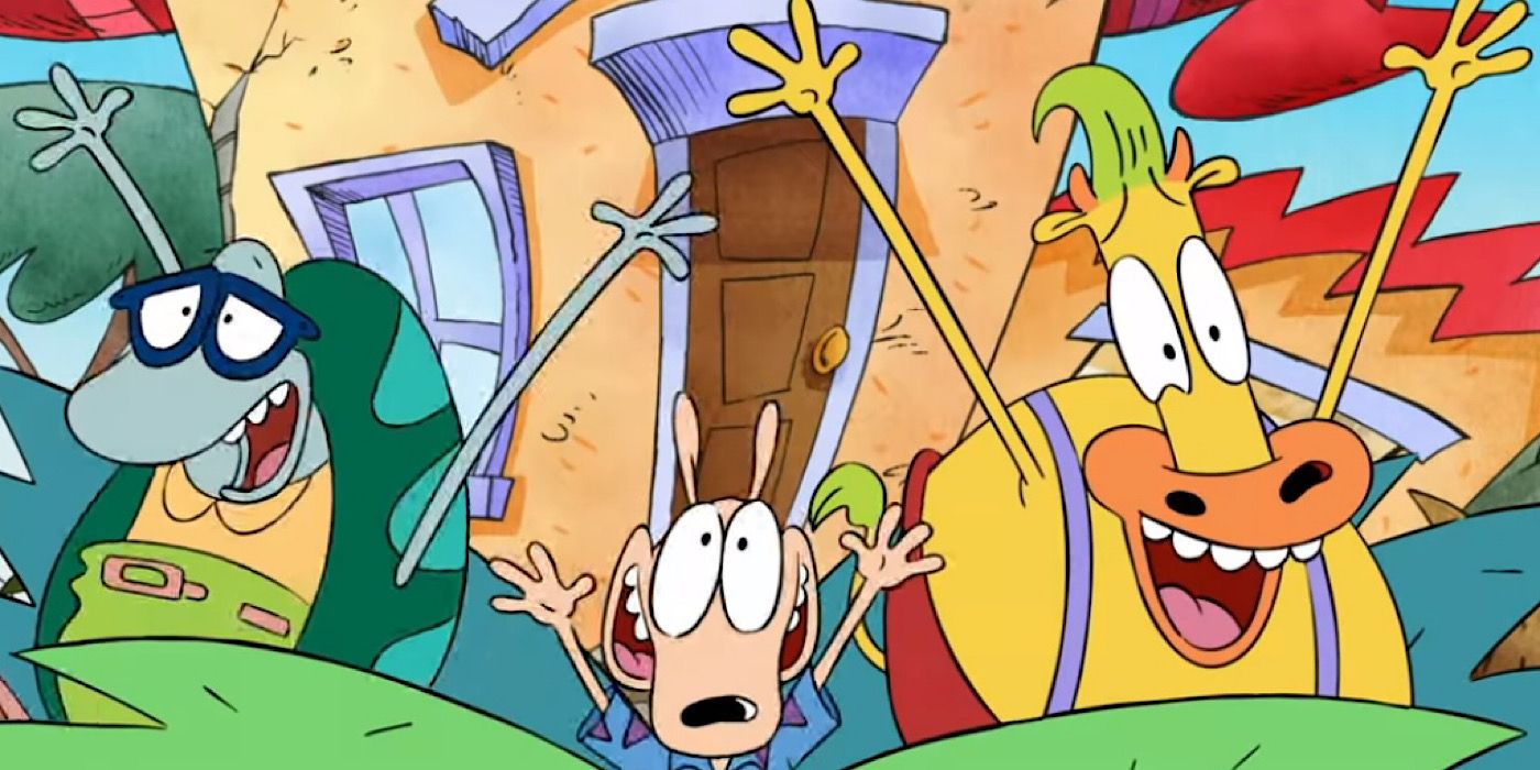Rocko and friends with their hands up in Rocko's Modern Life