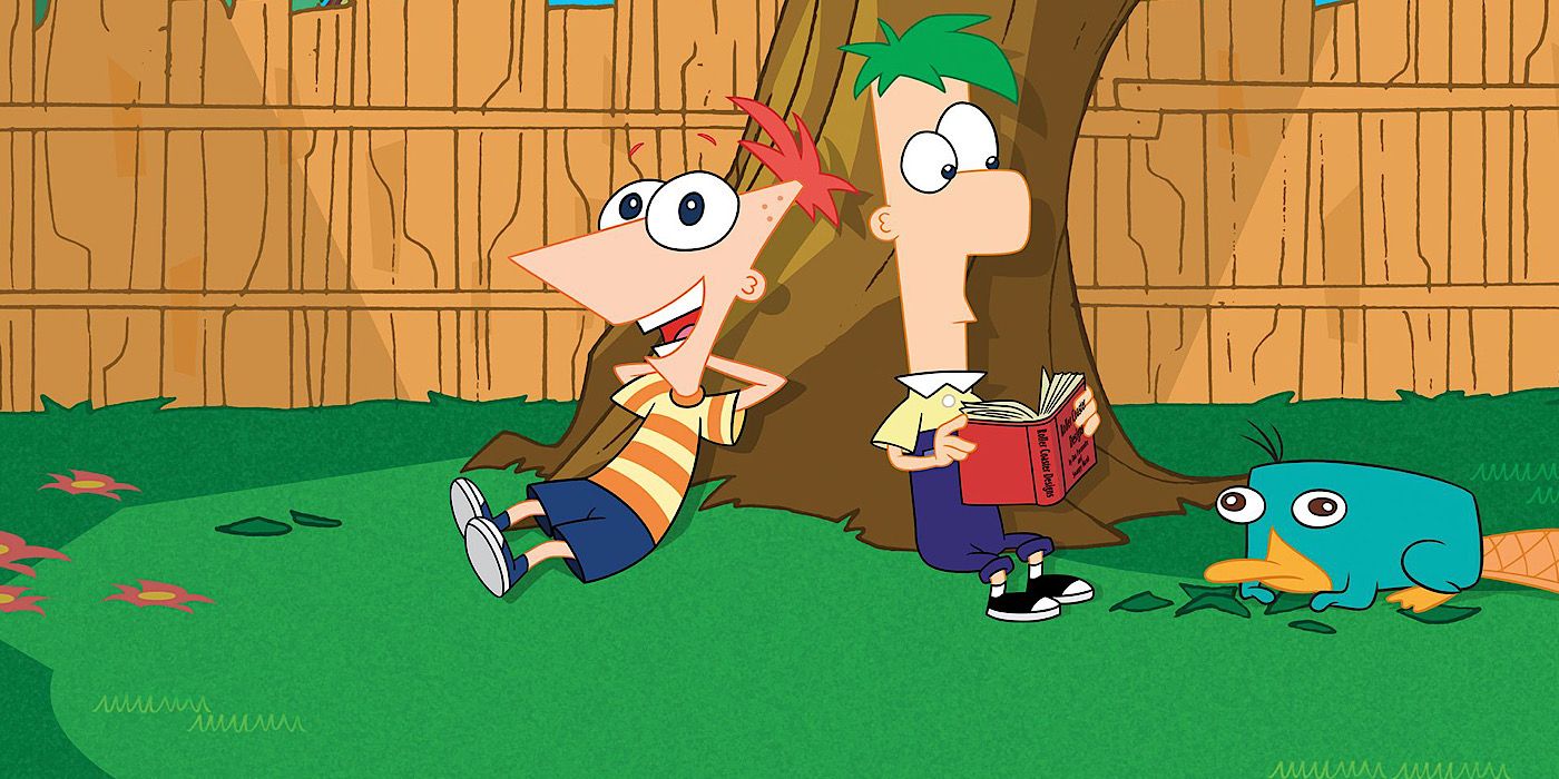 Finesse, Ferb and Perry sitting under the Phineas and Ferb tree 