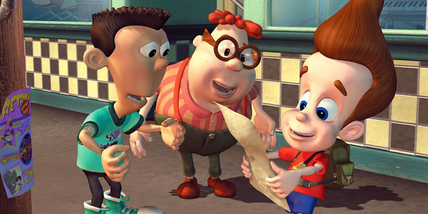 Jimmy and his friends looking at a poster - Jimmy Neutron