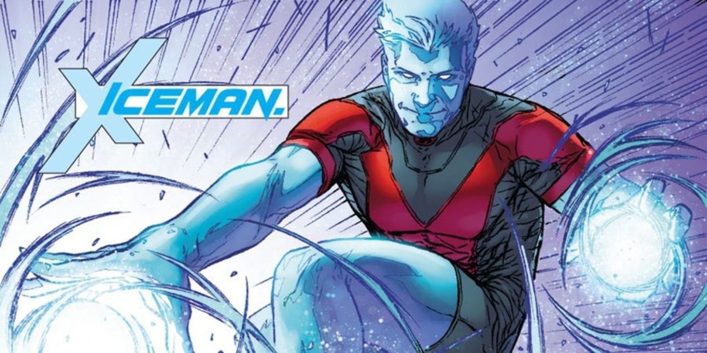 Iceman in a red costume in Marvel X-Men comics