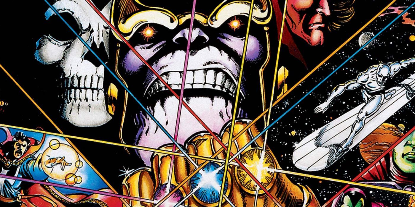Infinity Gauntlet Cover with Thanos's face squashed agains the comic panel