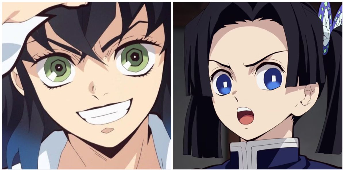 Inosuke grinning on the left while Aoi makes a shocked expression on the right.
