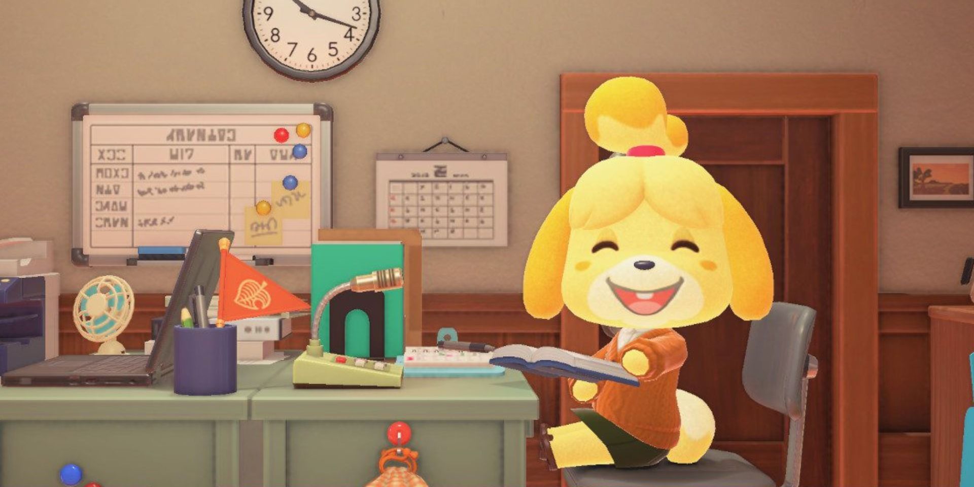 Isabelle from Animal Crossing: New Horizons sitting at her desk with a book in her hands.