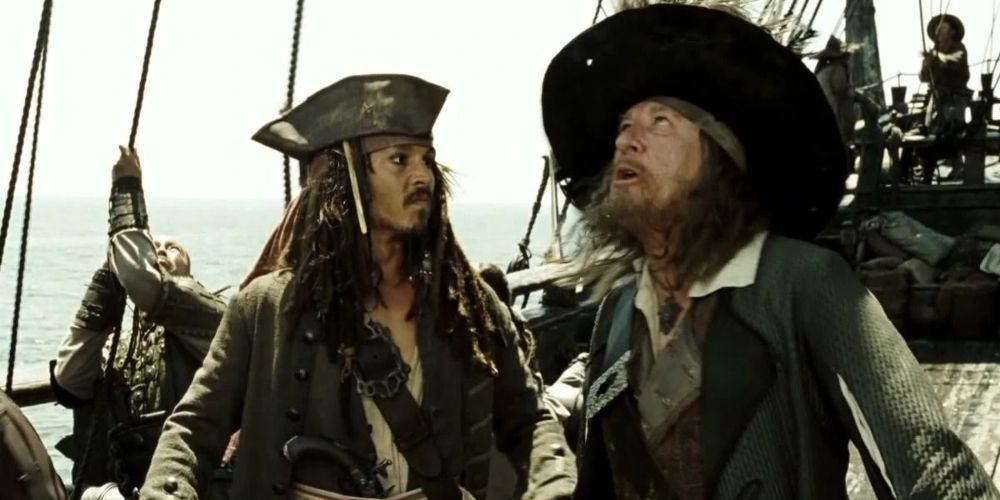 Jack Sparrow and Hector Barbossa talking in Pirates of the Caribbean films