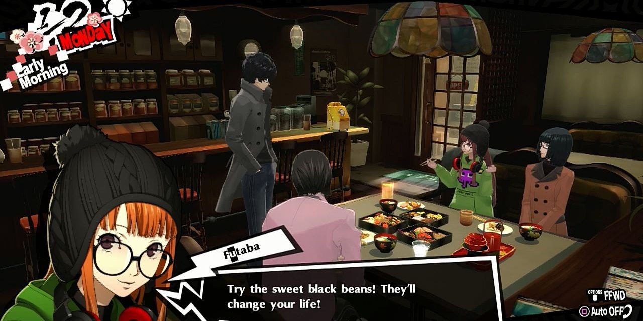 Futaba, her mother, and Sojiro speak to the protagonist during the Third Semester Persona 5 Royal