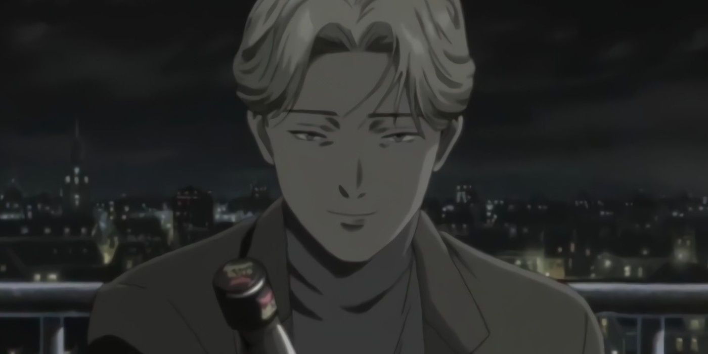 Johan Liebert from Monster smiling in front of a nightime city skyline.