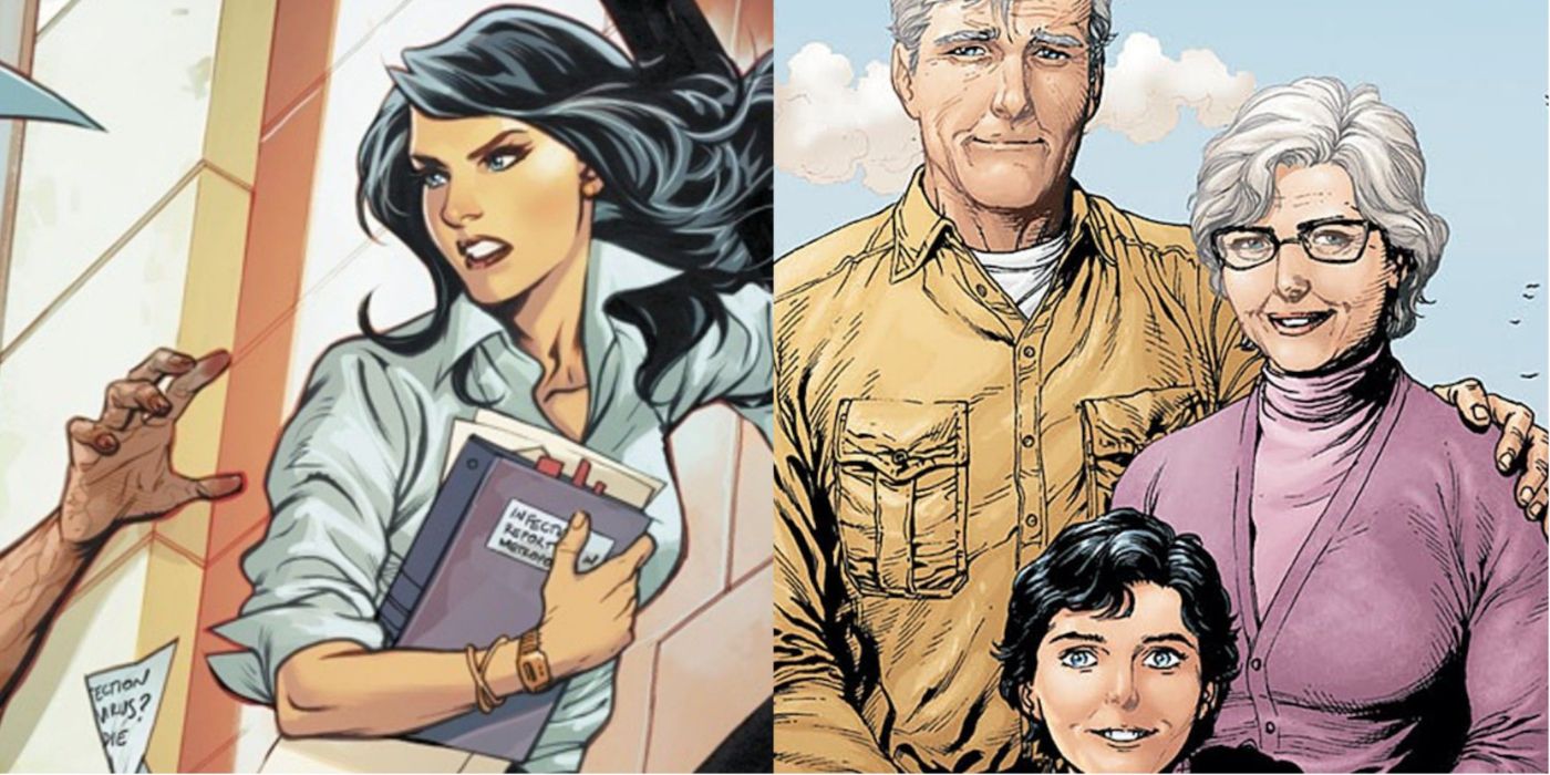 A split image of a heroic Lois Lane, and the Kent family posing for a photo