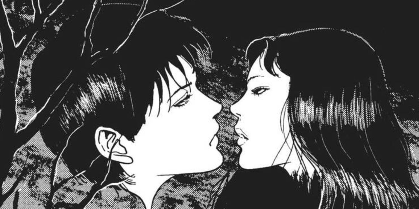 Two severed, floating heads from Junji Ito's Hanging Balloons moving in for a kiss