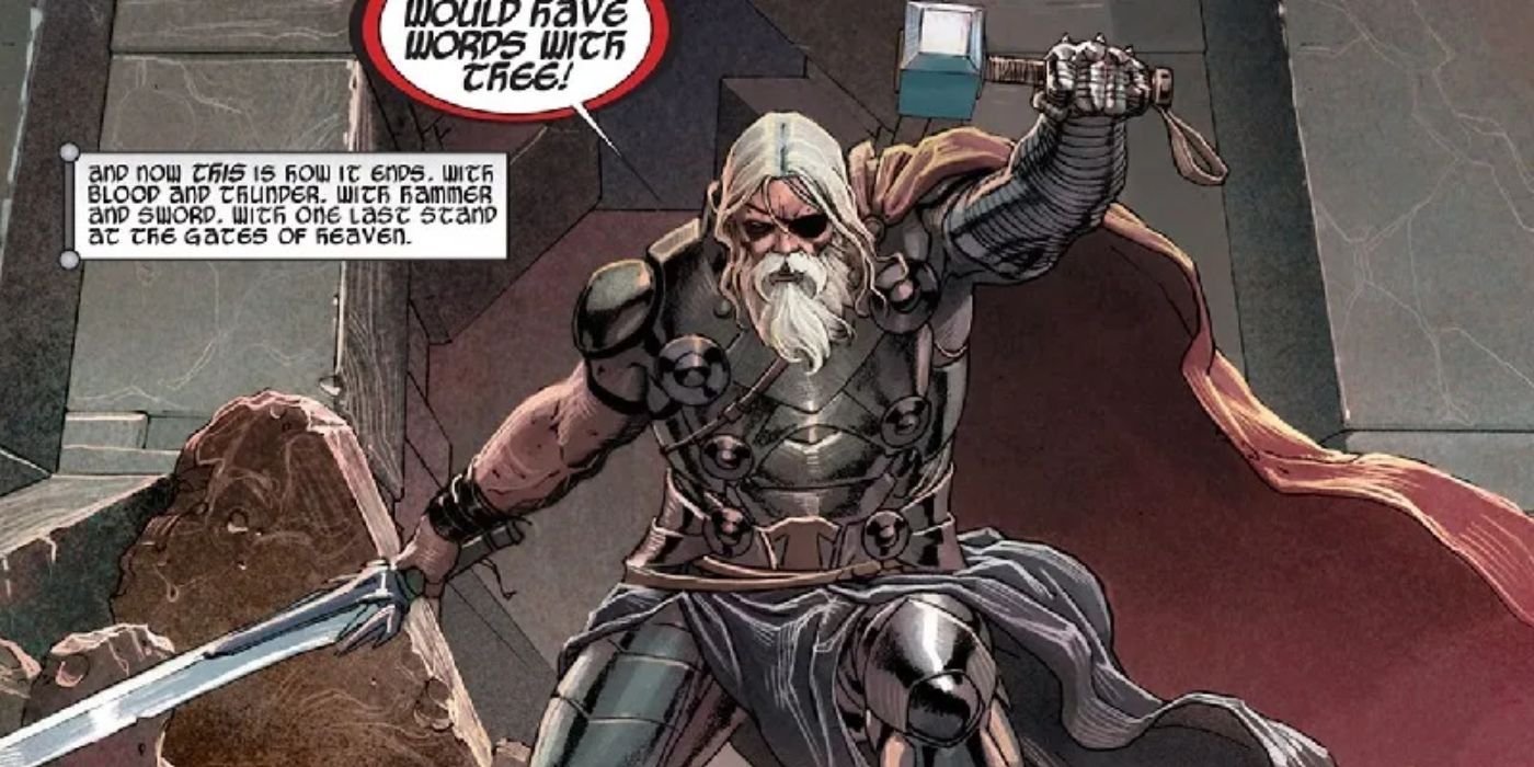 King Thor looking like Odin with an eye patch and ravens in Marvel Comics