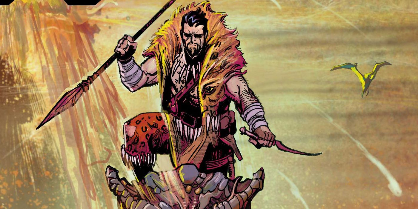 Kraven rides a dinosaur on the cover of X-Force #33
