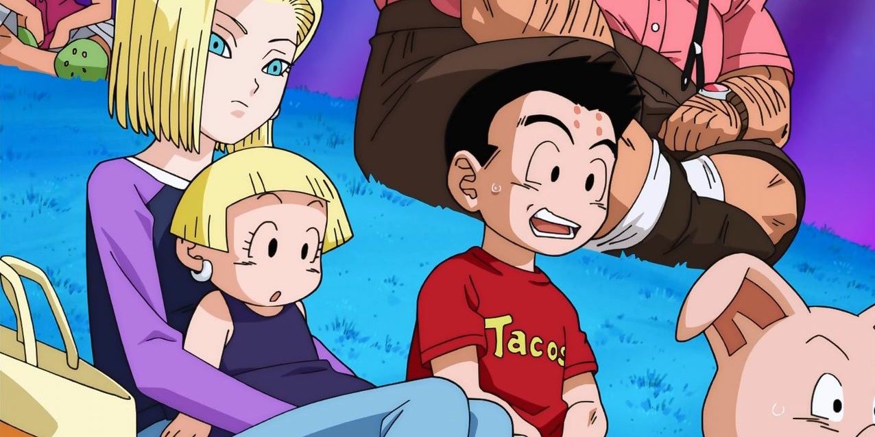 Krillin, Android 18, and Marron watch a fight together in Dragon Ball Super.