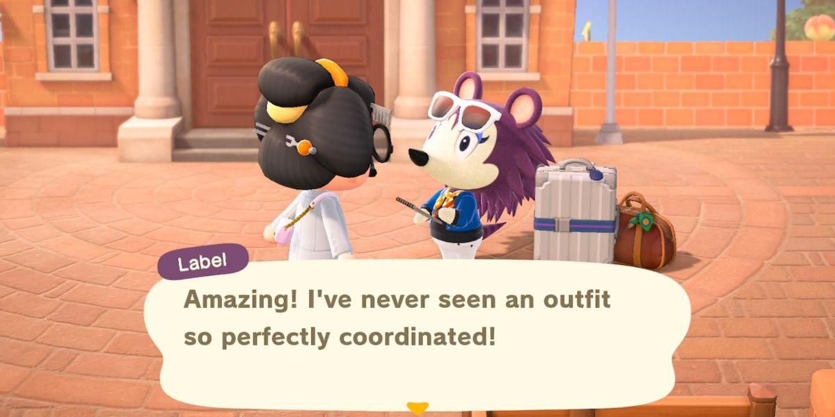 Label from Animal Crossing: New Horizons saying "Amazing! I've never seen an outfit so perfectly coordinated!"