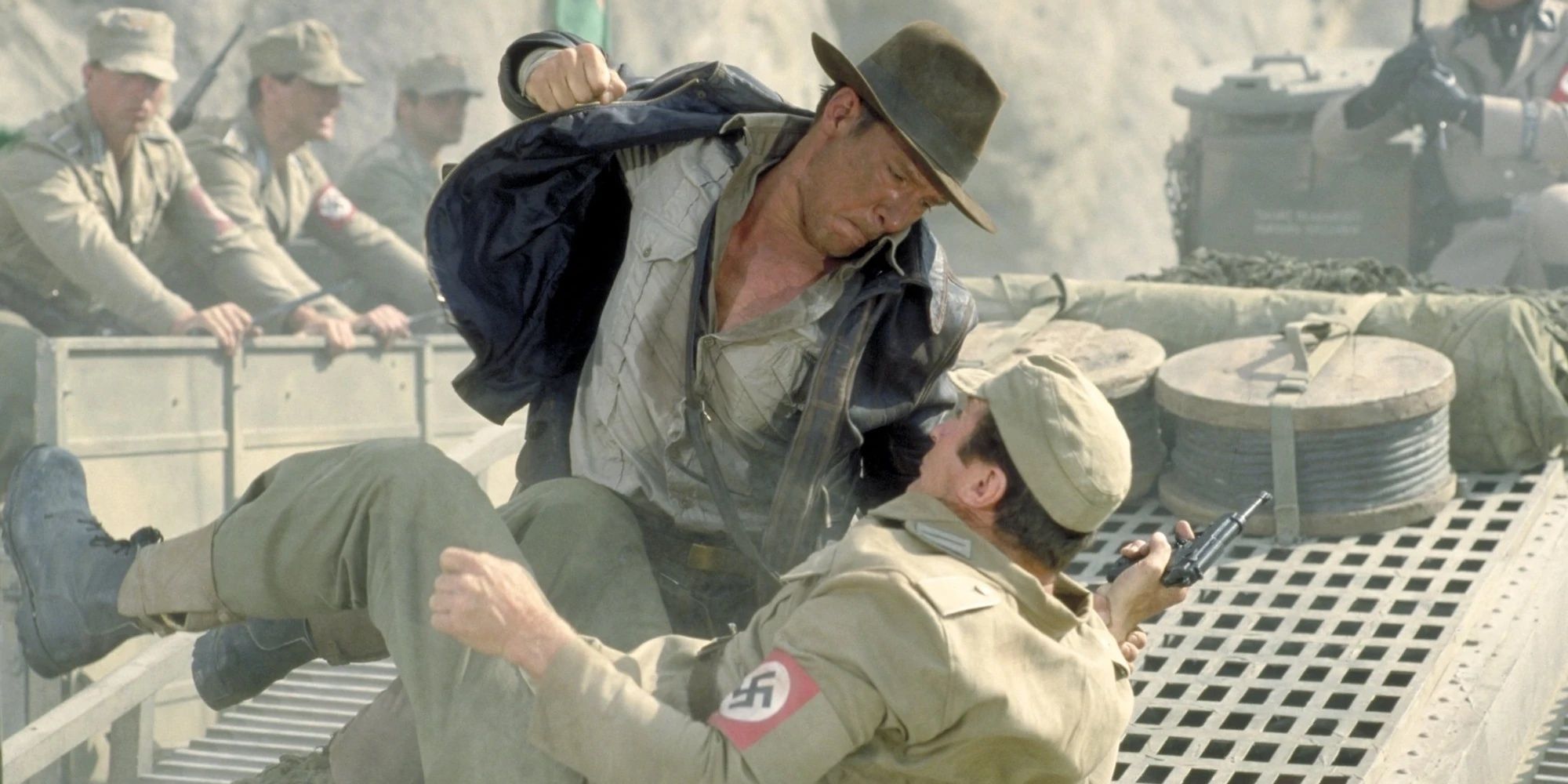 Indiana Jones punches a Nazi soldier on a tank in Indiana Jones and the Last Crusade