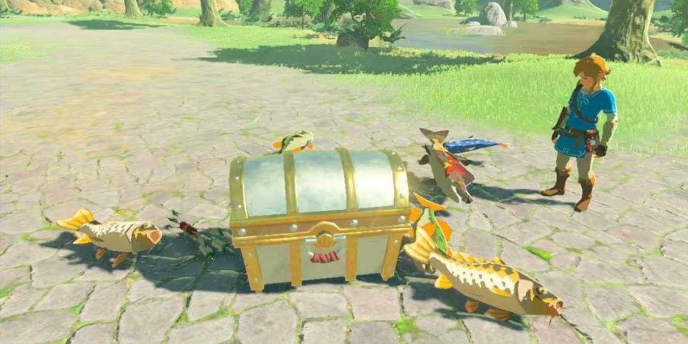 Link olhando para um baú de tesouro em The Legend of Zelda: Breath of the Wild