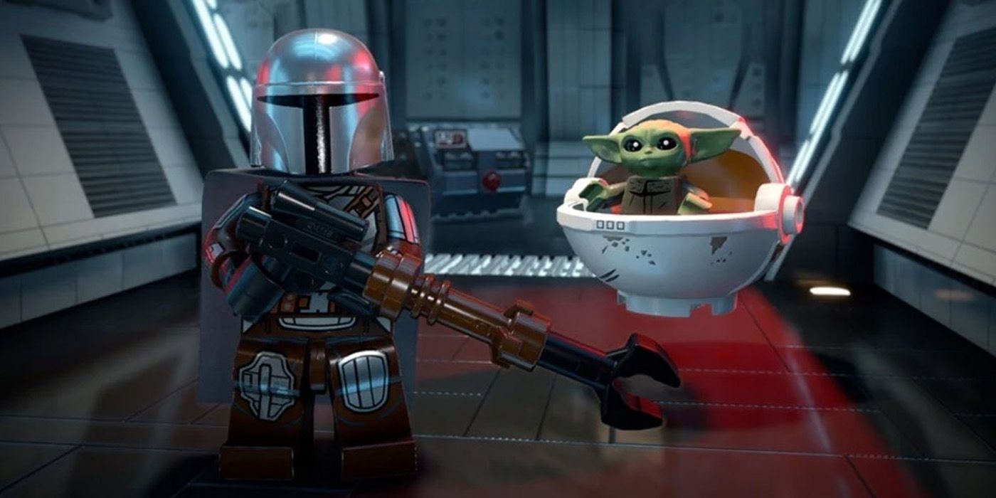 Din Djarin and Grogu from The Mandalorian in LEGO Star Wars: The Skywalker Saga.