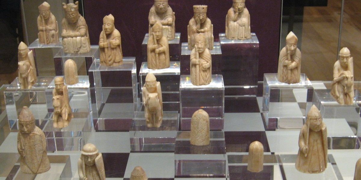 A collection of the Lewis Chessmen on display
