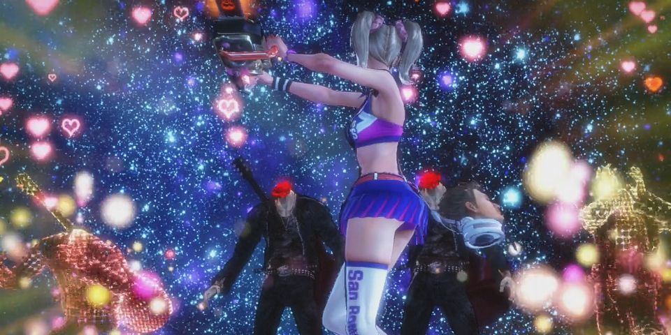 Juliet decapitates zombies with her chainsaw in Lollipop Chainsaw