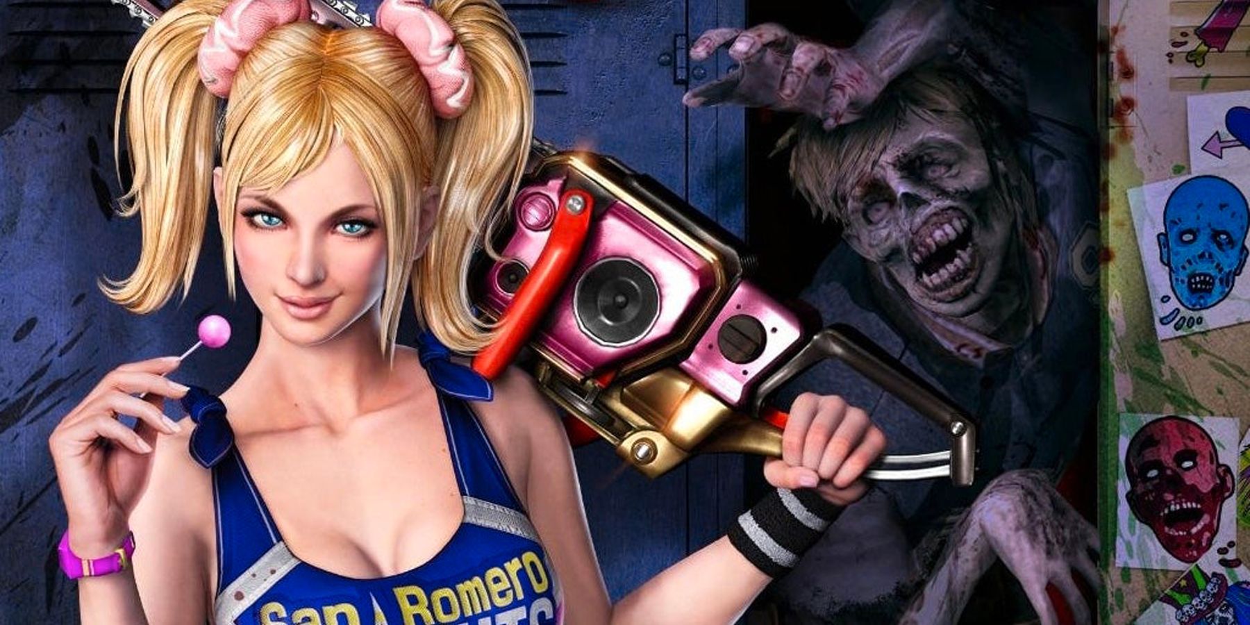 Juliet Starling and a zombie in promotional art for Lollipop Chainsaw (2012)