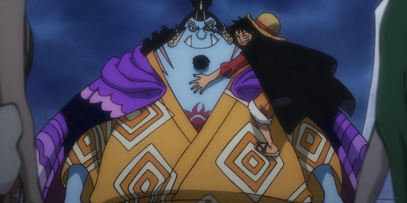 Luffy hugging Jinbe in One Piece.
