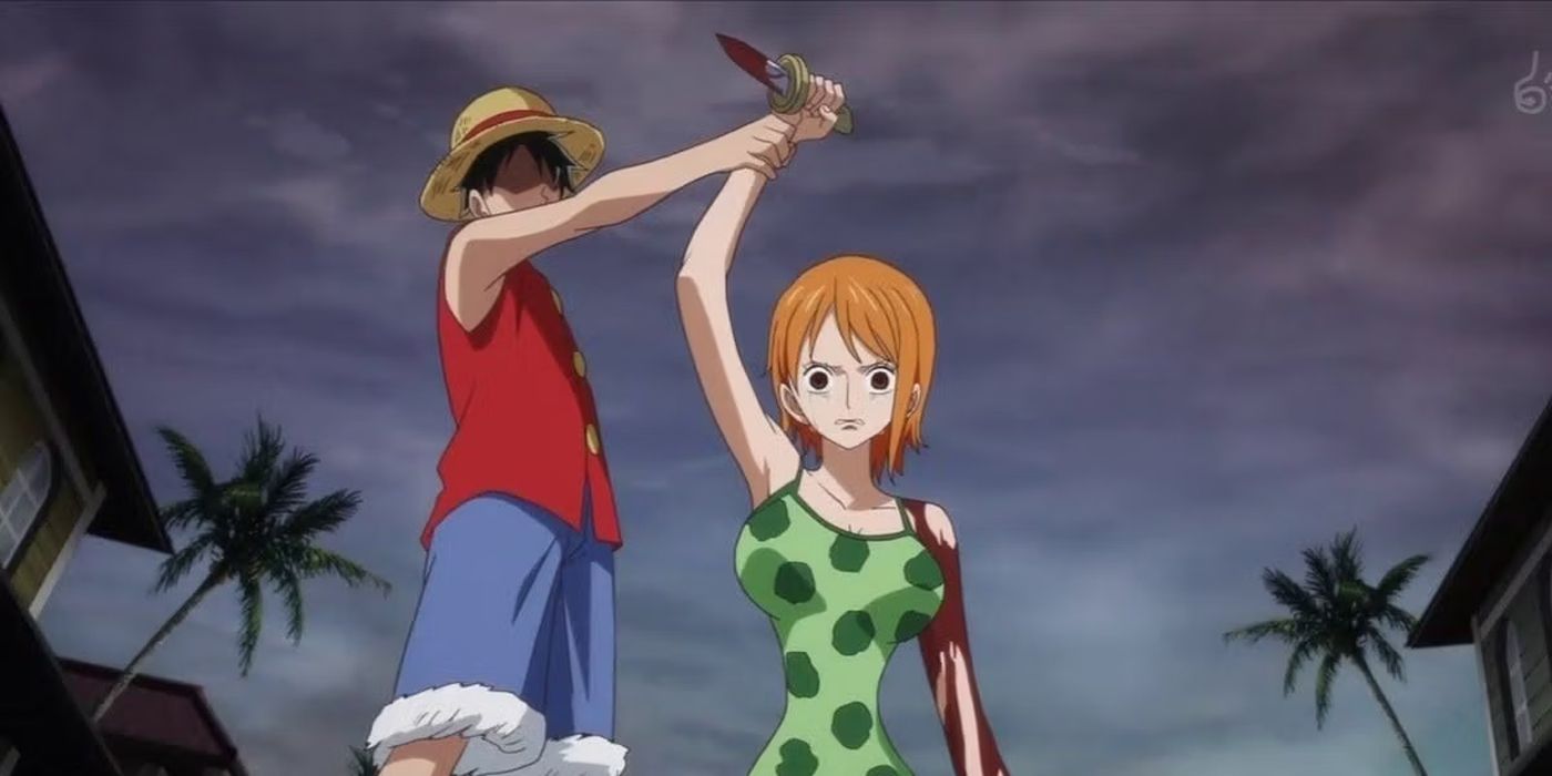 Luffy stops Nami from stabbing herself