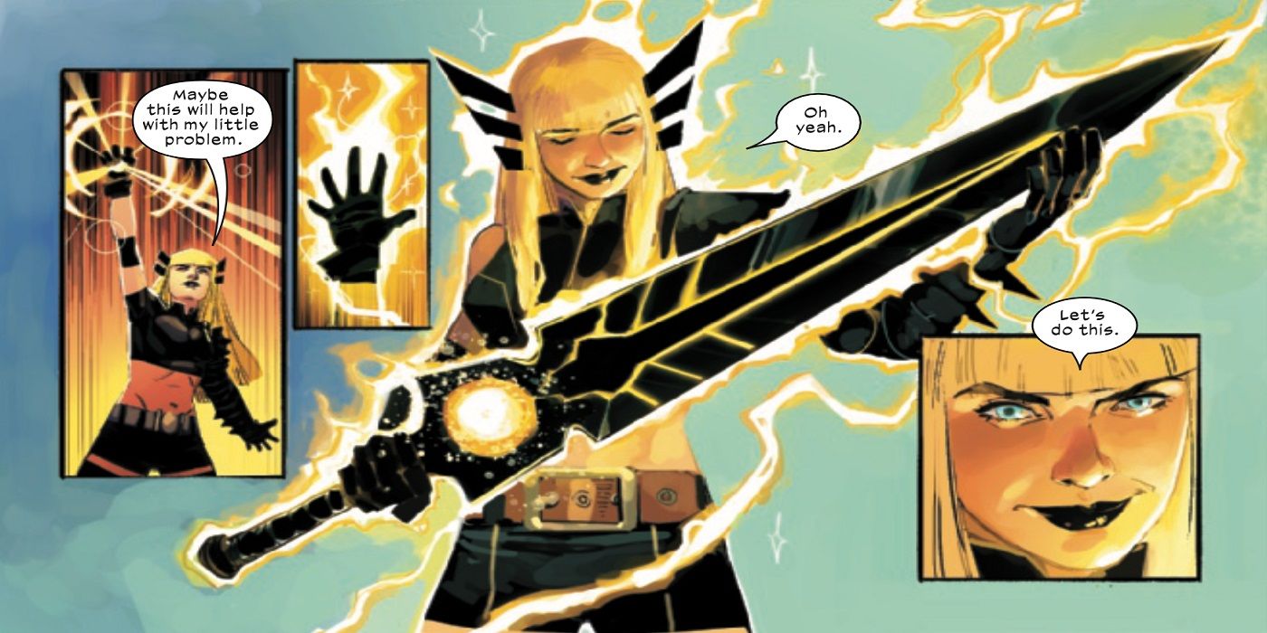 Magik from the New Mutants admires her sword.