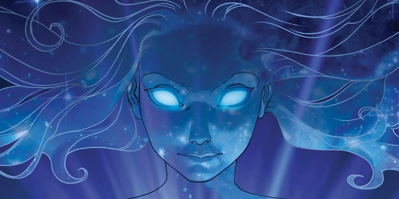 A close-up on Singularity's starry face as her hair floats around her in Marvel Comics.