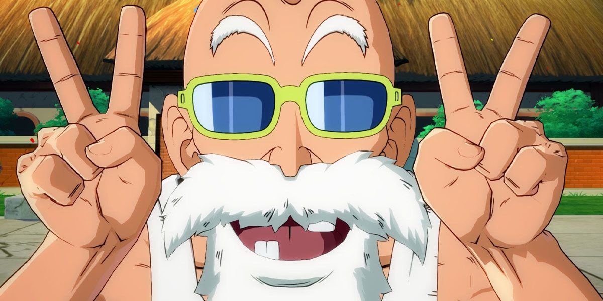 Master Roshi weaing sunglasses and giving peace signs in Dragon Ball FighterZ.