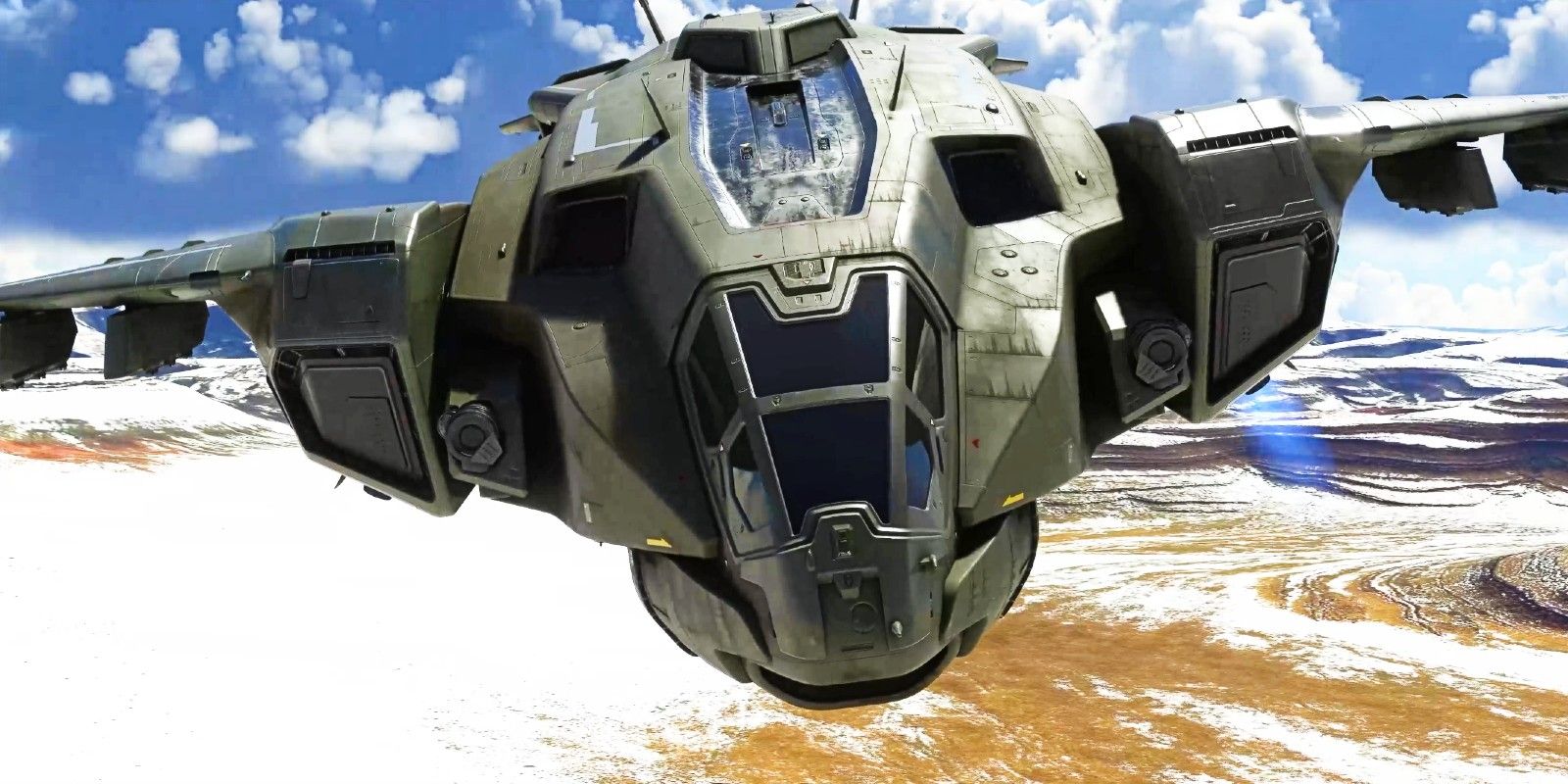 Image depicting the Halo Infinite Pelican aircraft, available for download in Microsoft Flight Simulator.