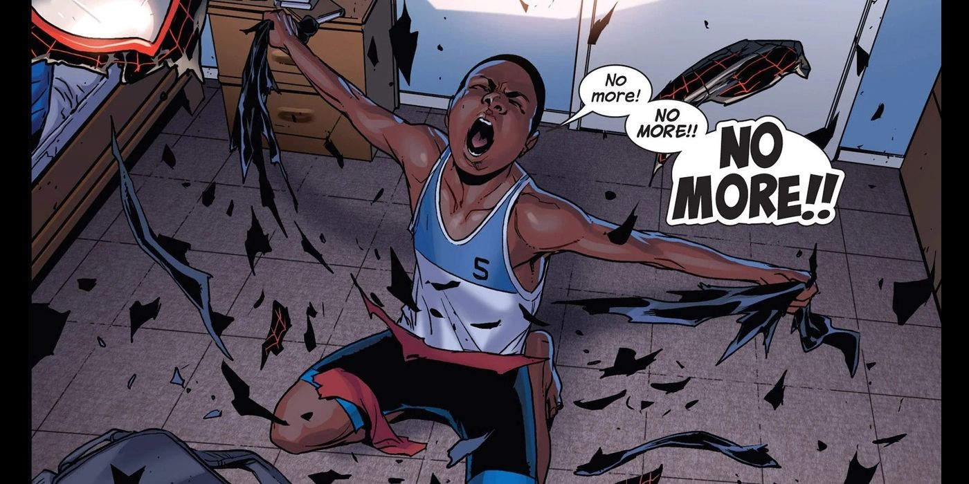 Miles Morales tears his Spider-Man suit into pieces and screams no more.