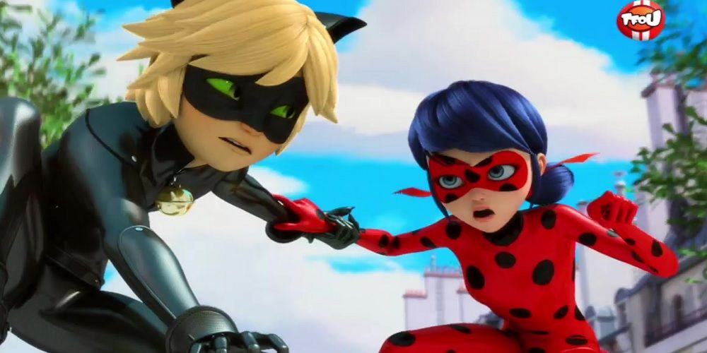 Cat Noir And Ladybug hold hands in this Parisian cartoon